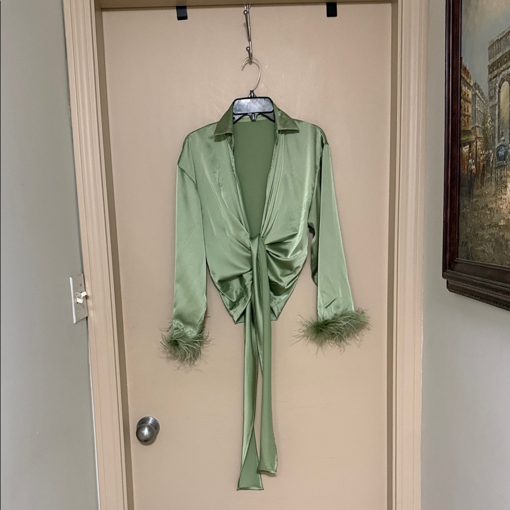 Rumours Green Satin Feather Trim Blouse